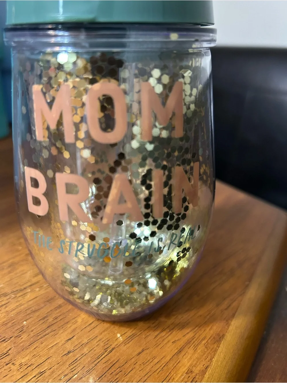 Mom Brain Glitter Travel Tumbler with Teal Lid